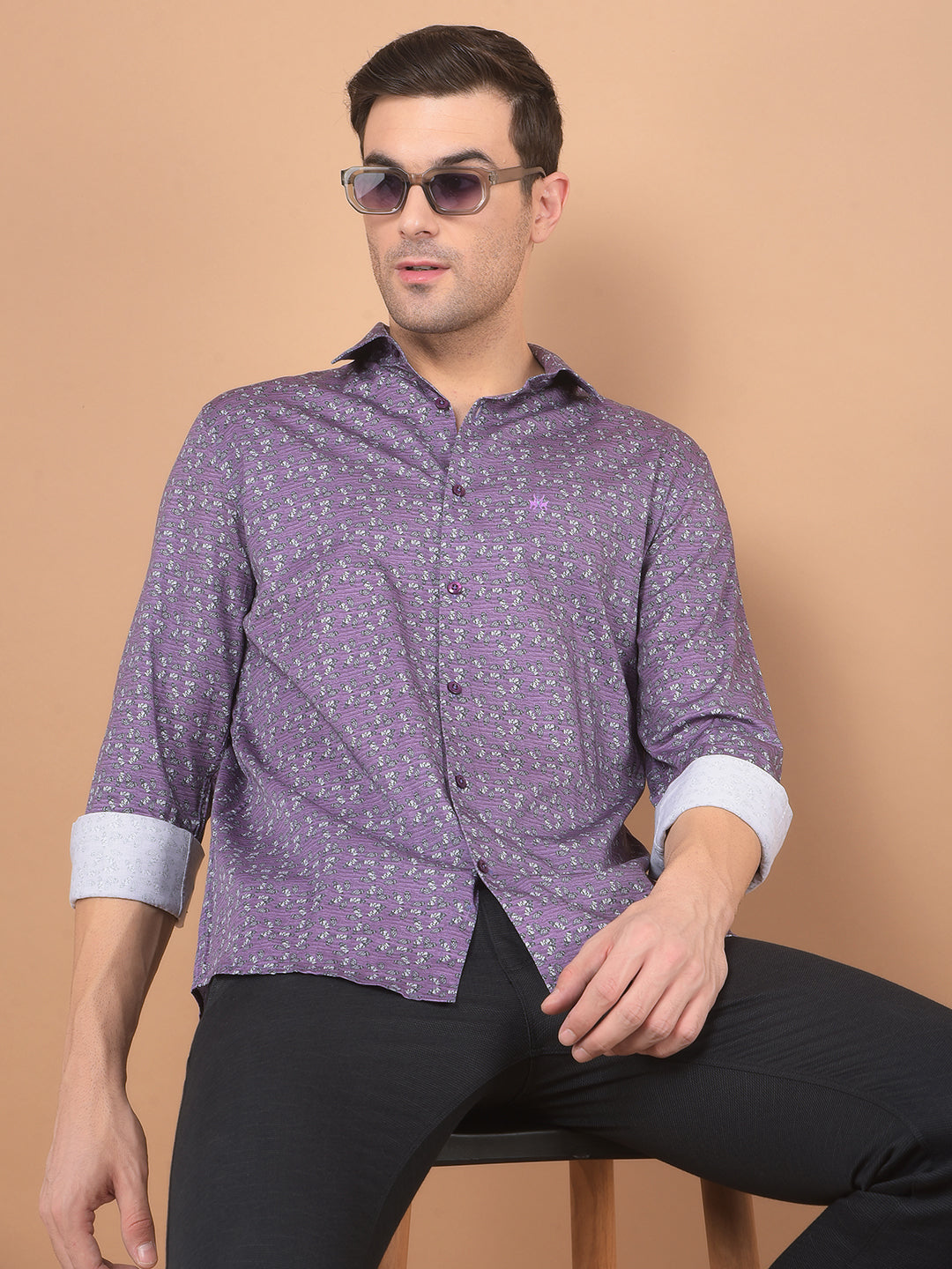 Purple Printed 100% Cotton Shirt-Men Shirts-Crimsoune Club