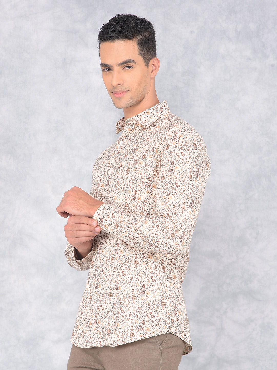 Brown Floral Print 100% Cotton Shirt-Men Shirts-Crimsoune Club