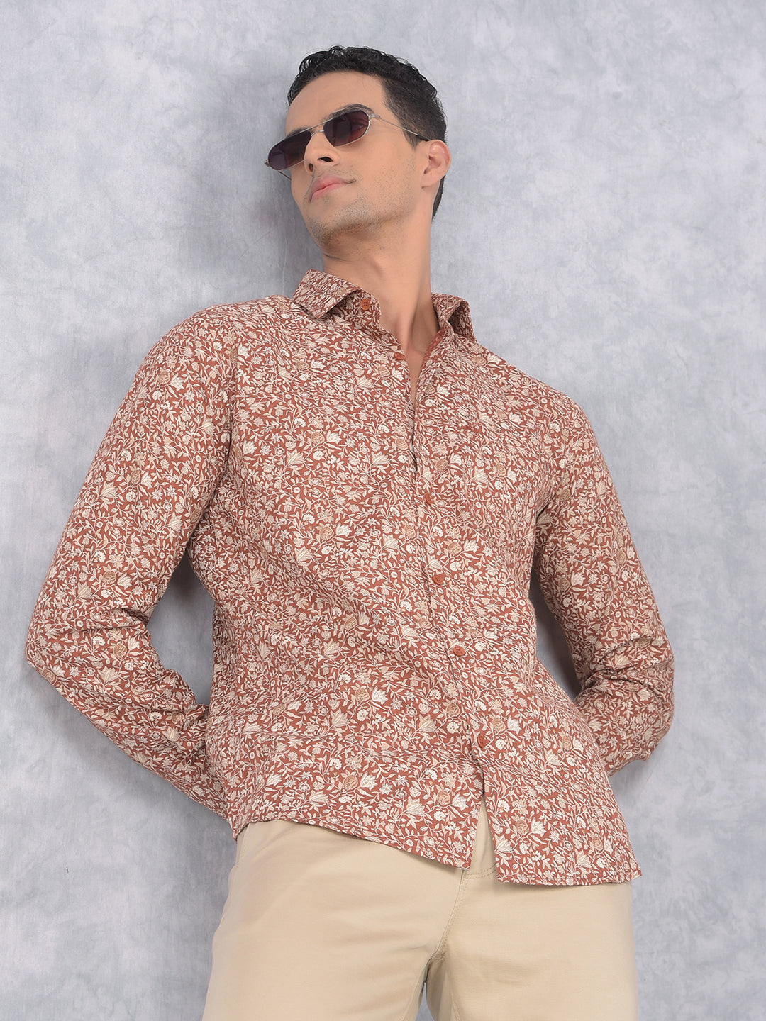 Brown Floral Print 100% Cotton Shirt-Men Shirts-Crimsoune Club