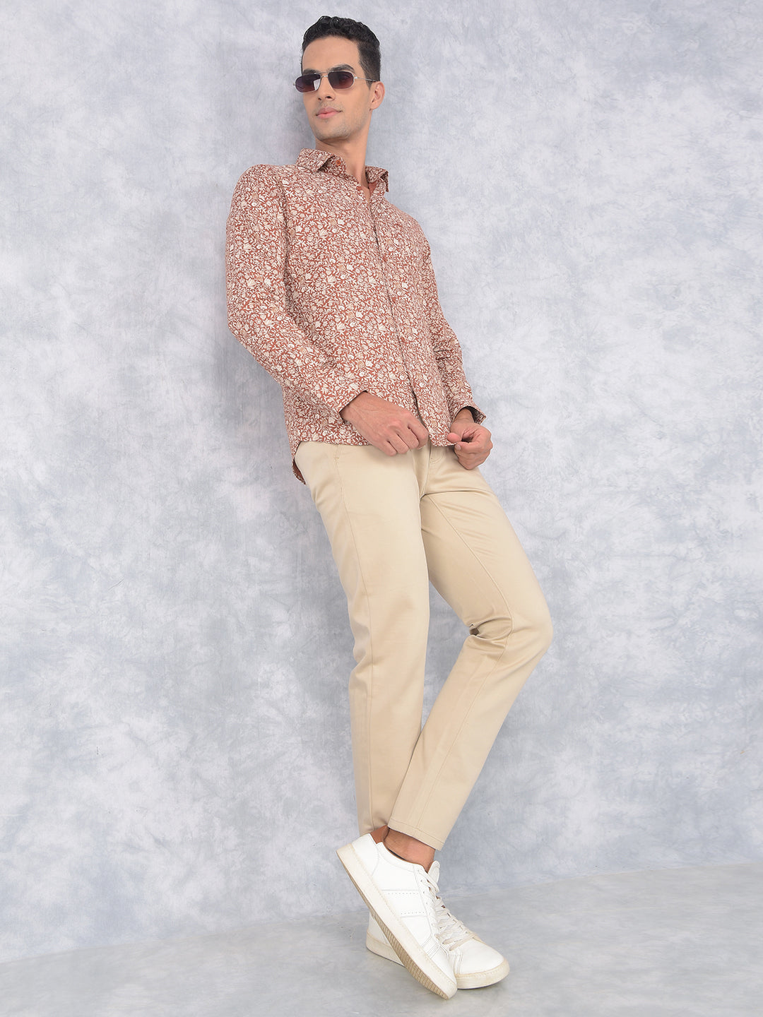 Brown Floral Print 100% Cotton Shirt-Men Shirts-Crimsoune Club