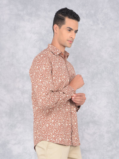 Brown Floral Print 100% Cotton Shirt-Men Shirts-Crimsoune Club