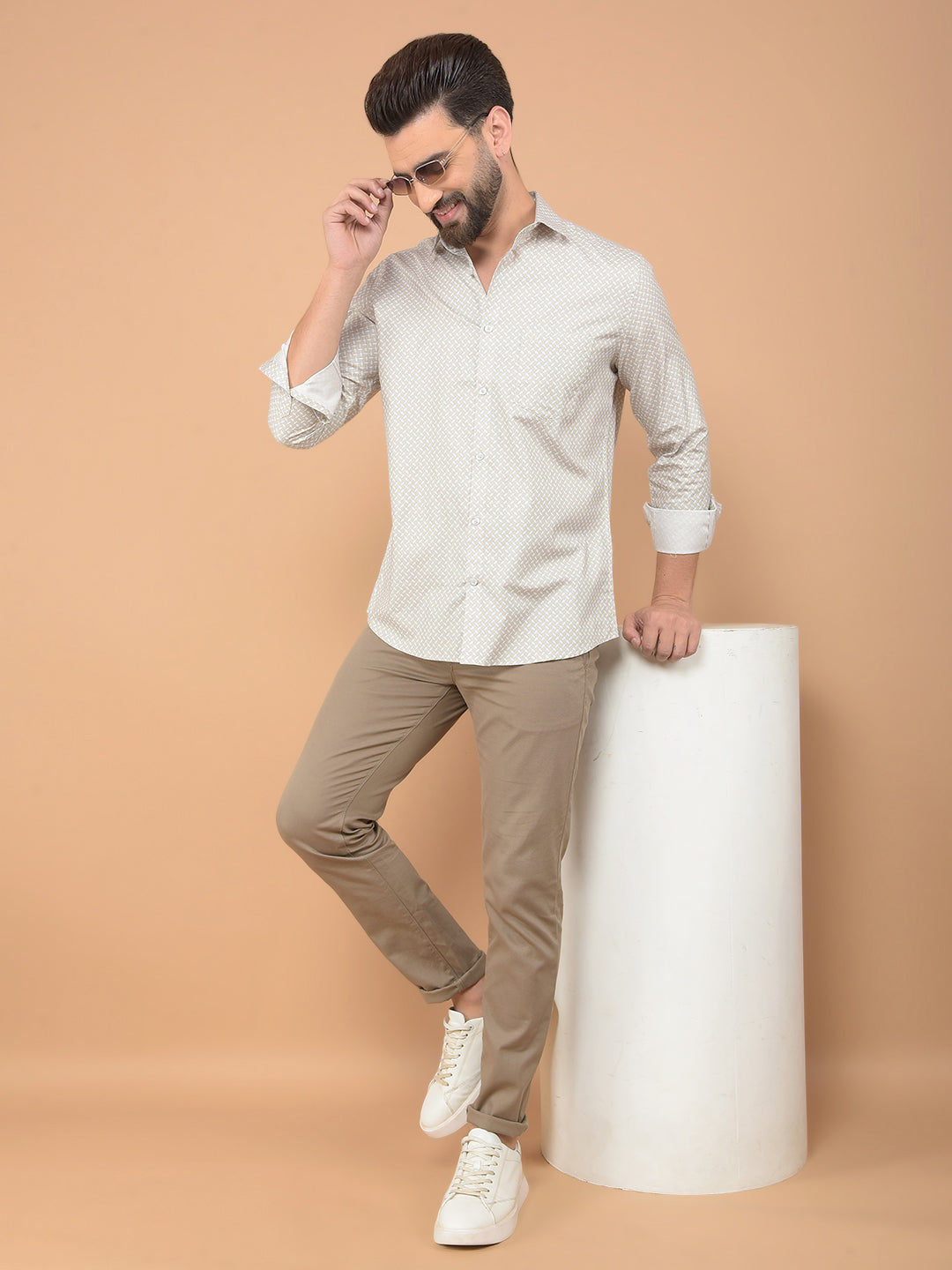 Beige Printed 100% Cotton Shirt-Men Shirts-Crimsoune Club