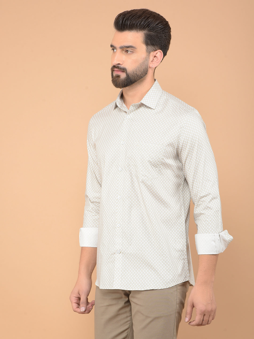 Beige Printed 100% Cotton Shirt-Men Shirts-Crimsoune Club