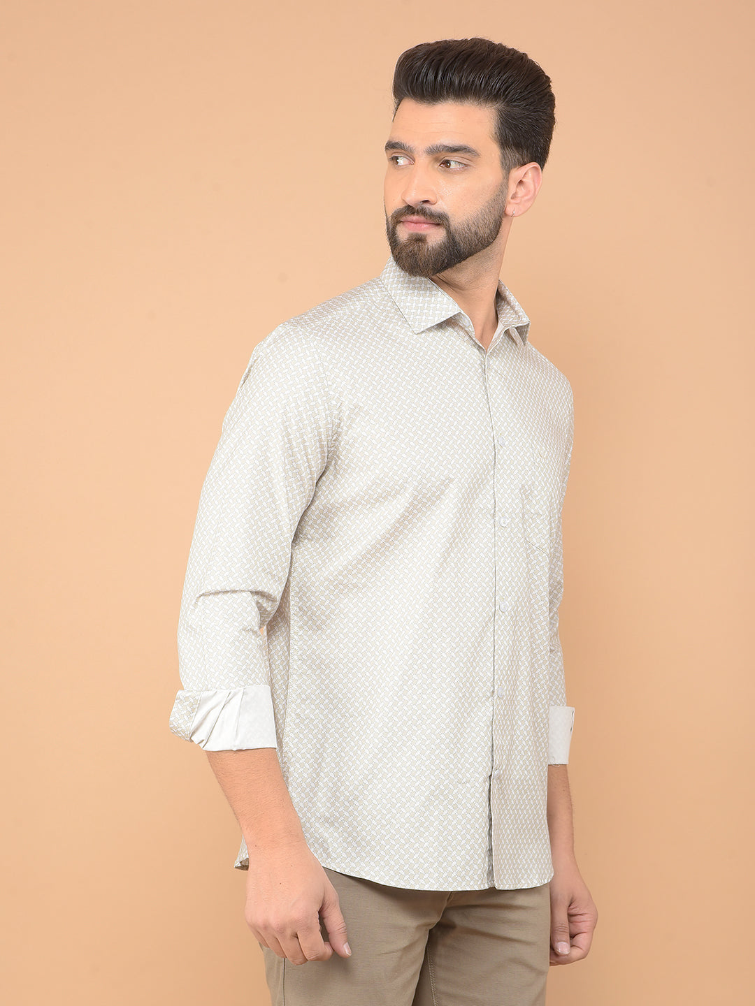 Beige Printed 100% Cotton Shirt-Men Shirts-Crimsoune Club