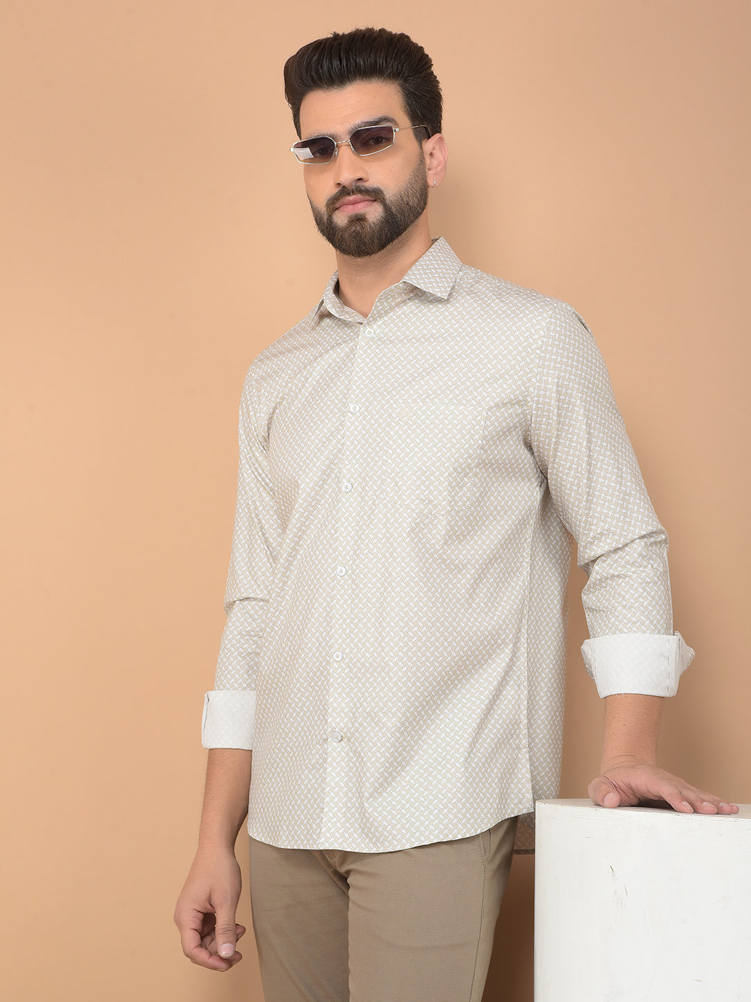 Beige Printed 100% Cotton Shirt-Men Shirts-Crimsoune Club