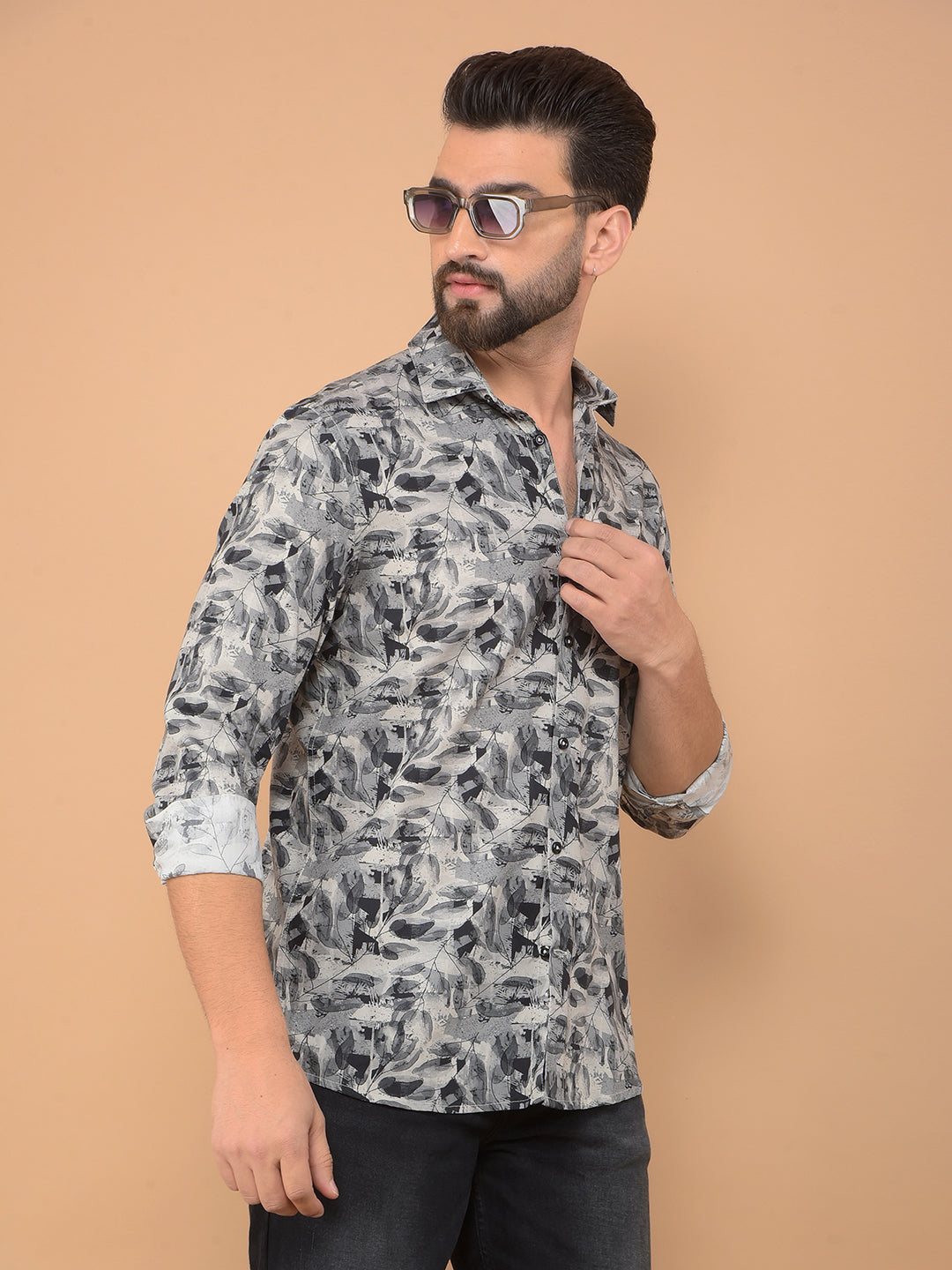 Grey Floral Print Shirt-Men Shirts-Crimsoune Club