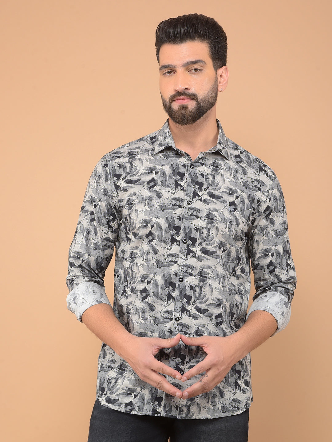 Grey Floral Print Shirt-Men Shirts-Crimsoune Club