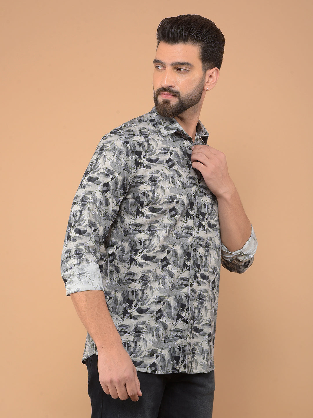 Grey Floral Print Shirt-Men Shirts-Crimsoune Club