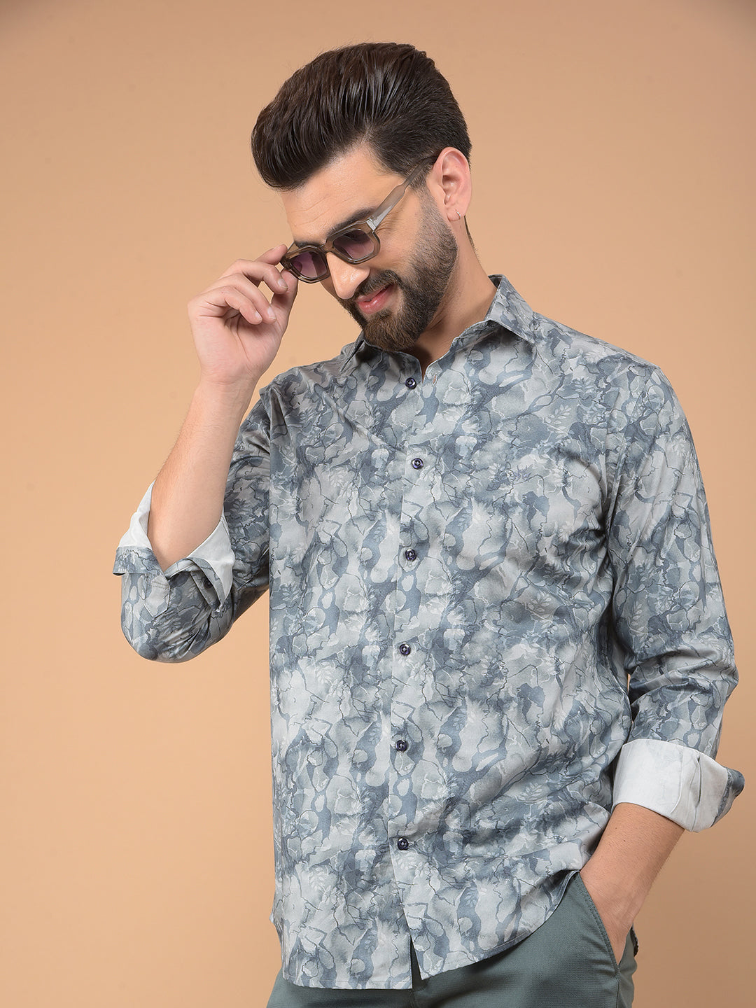 Grey Printed 100% Cotton Shirt-Men Shirts-Crimsoune Club