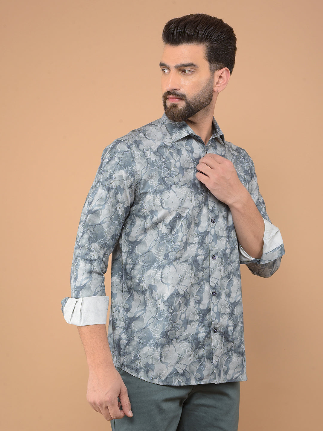 Grey Printed 100% Cotton Shirt-Men Shirts-Crimsoune Club