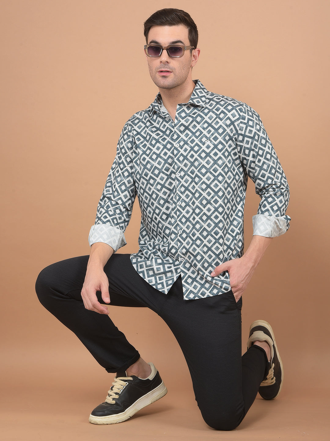 Grey Printed 100% Cotton Shirt-Men Shirts-Crimsoune Club