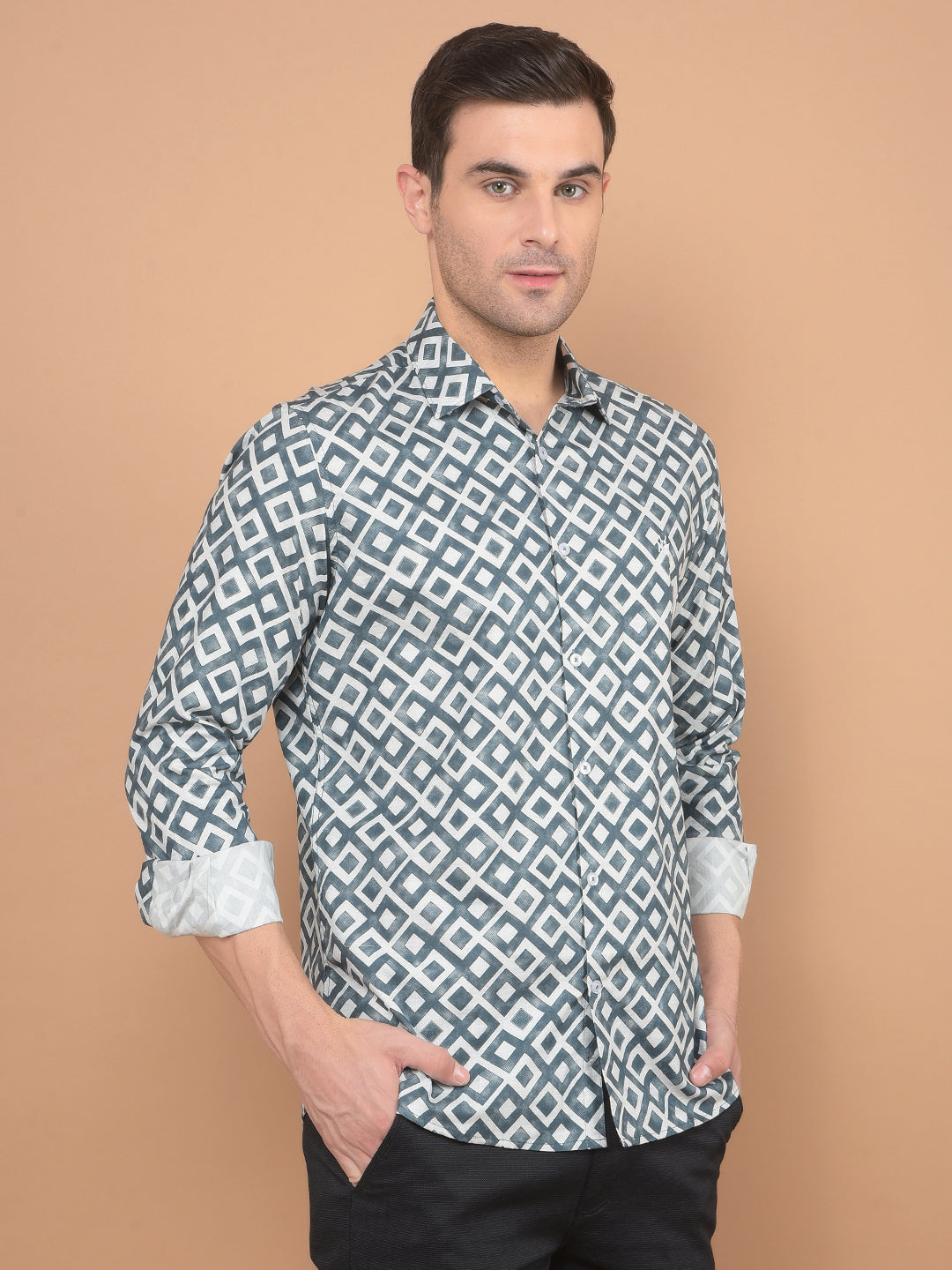 Grey Printed 100% Cotton Shirt-Men Shirts-Crimsoune Club