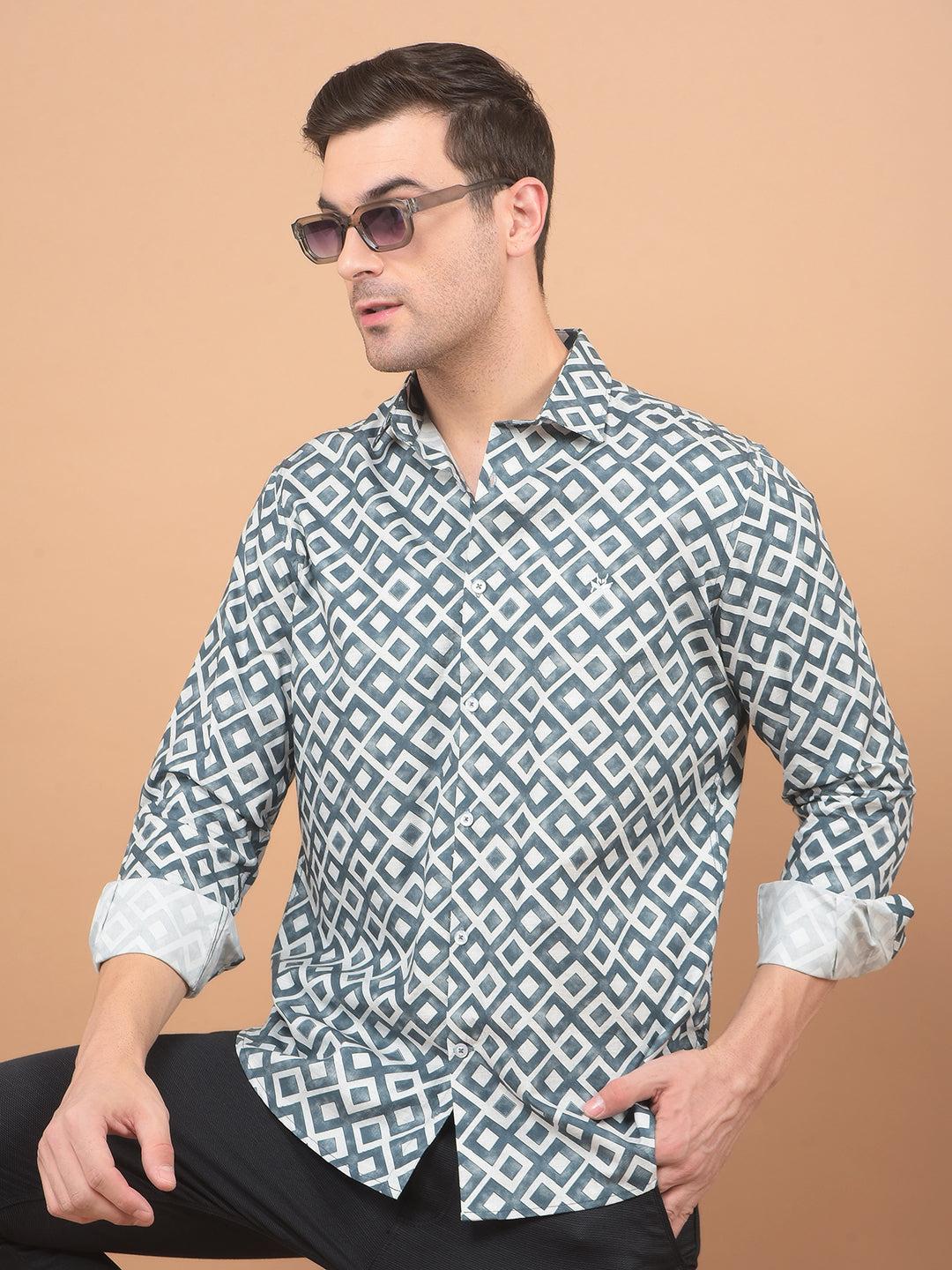 Grey Printed 100% Cotton Shirt-Men Shirts-Crimsoune Club