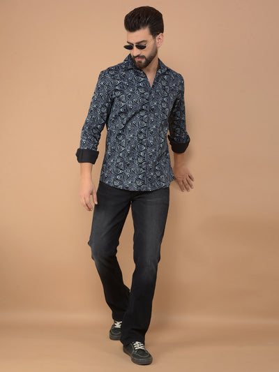 Navy Blue Printed Shirt-Men Shirts-Crimsoune Club