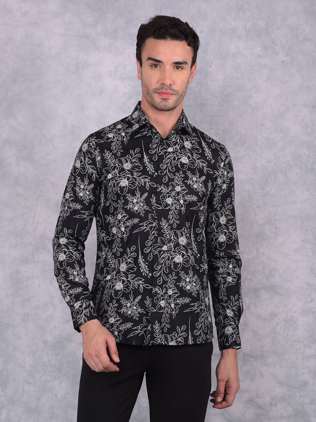 Black Floral Print Shirt-Men Shirts-Crimsoune Club