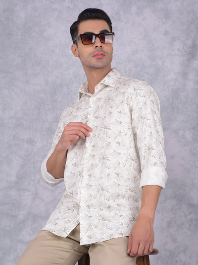 Beige Floral Print 100% Cotton Shirt-Men Shirts-Crimsoune Club