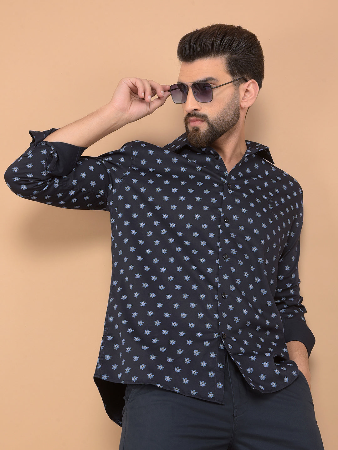 Navy Blue Floral Print Shirt-Men Shirts-Crimsoune Club