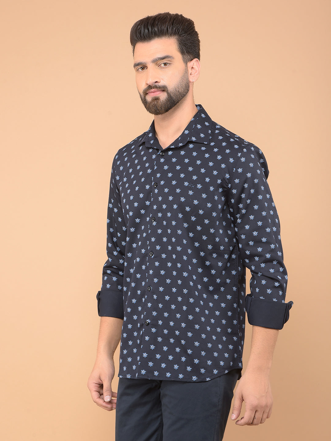 Navy Blue Floral Print Shirt-Men Shirts-Crimsoune Club