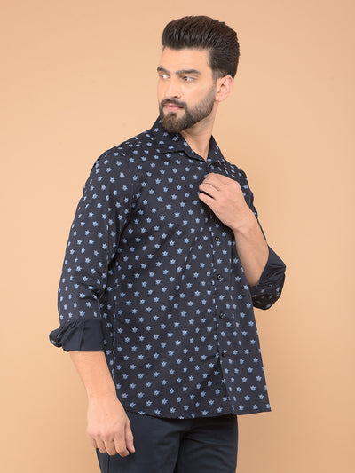 Navy Blue Floral Print Shirt-Men Shirts-Crimsoune Club