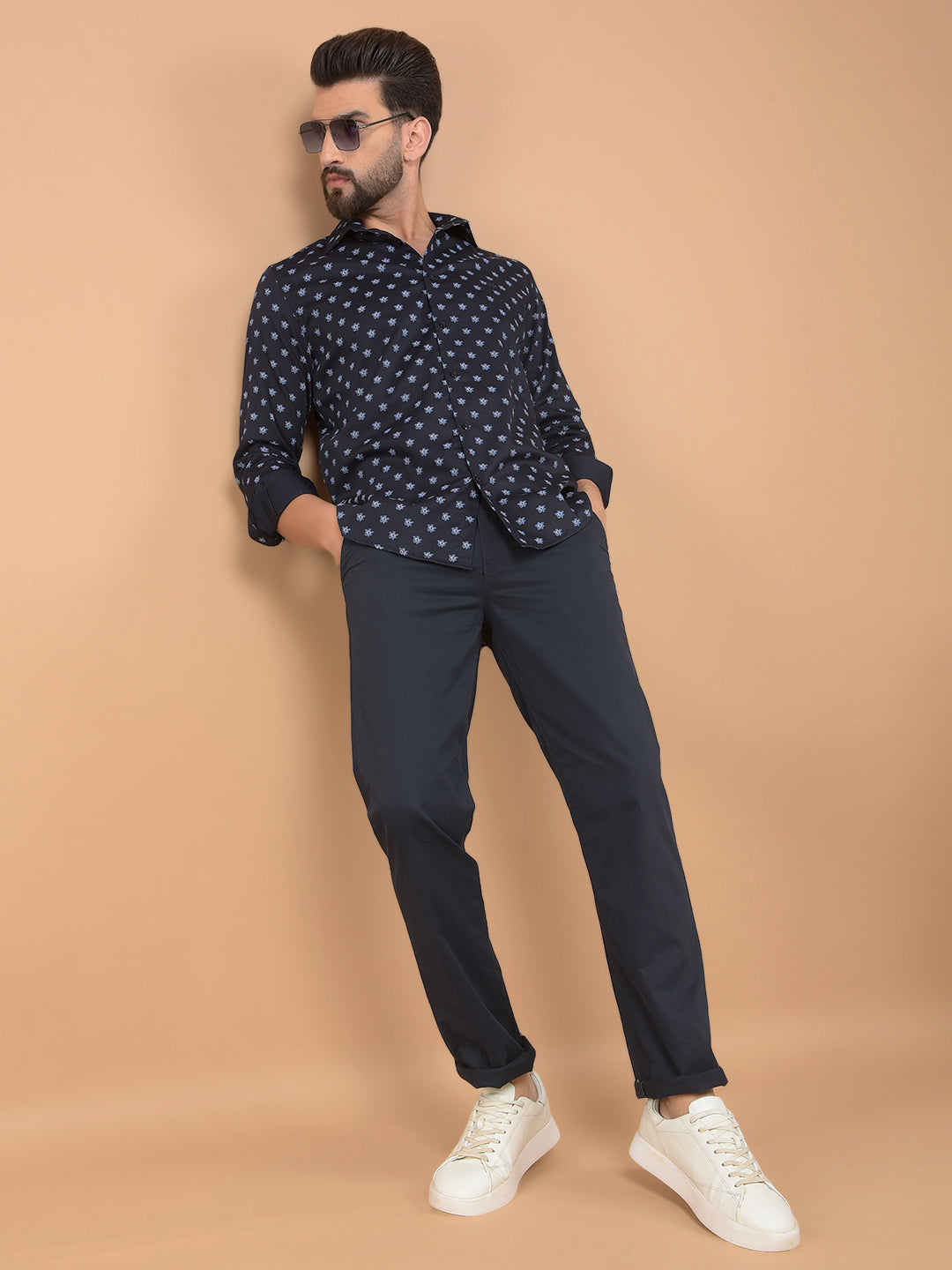 Navy Blue Floral Print Shirt-Men Shirts-Crimsoune Club