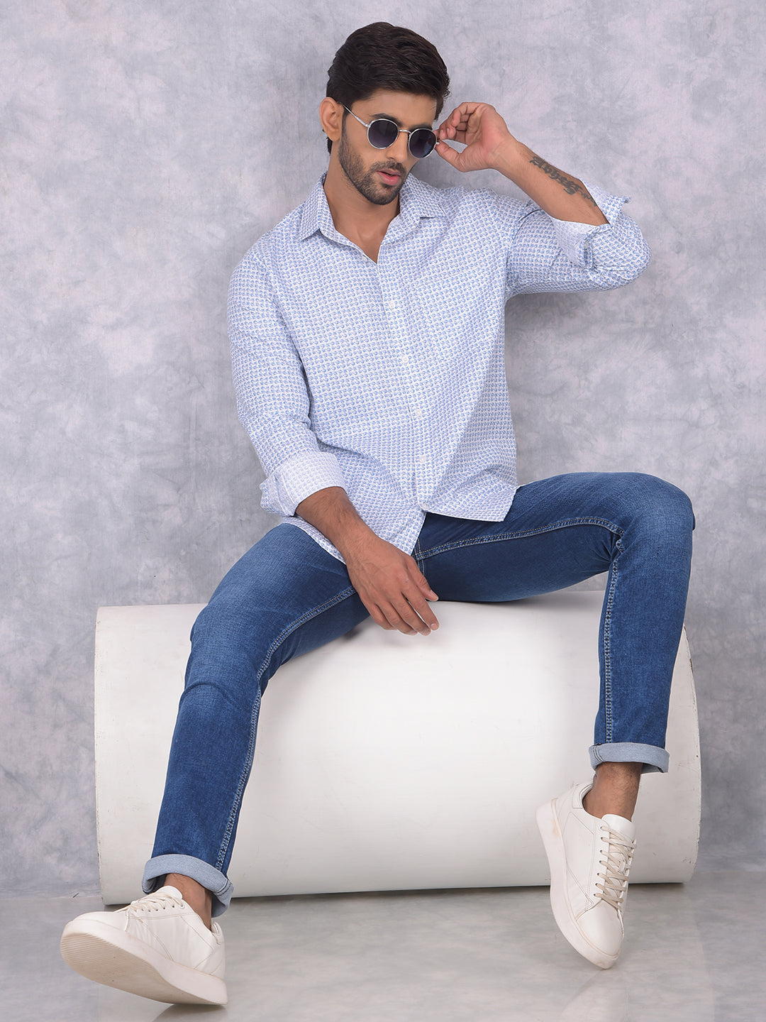 Blue Printed 100% Cotton Shirt-Men Shirts-Crimsoune Club