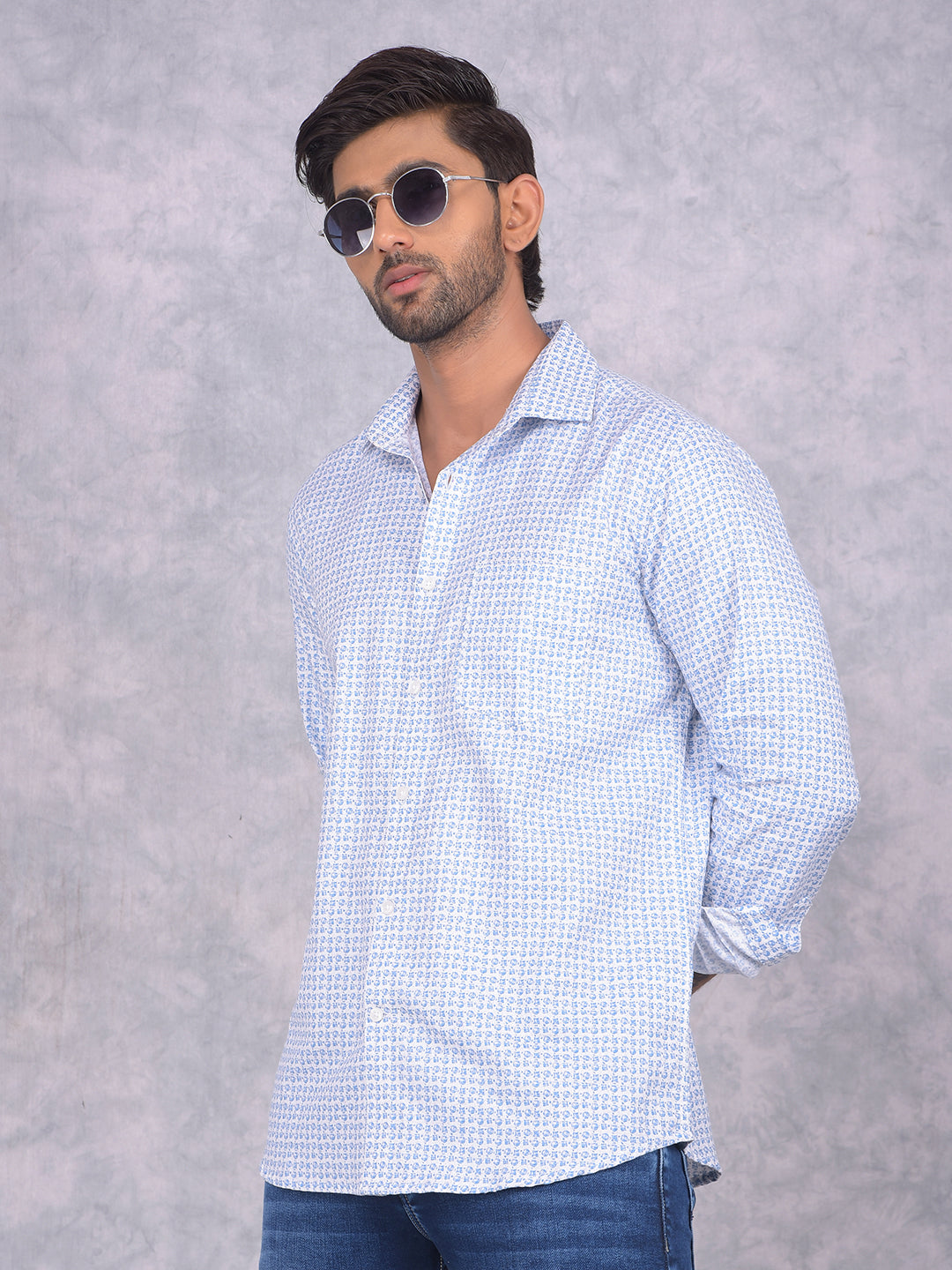 Blue Printed 100% Cotton Shirt-Men Shirts-Crimsoune Club