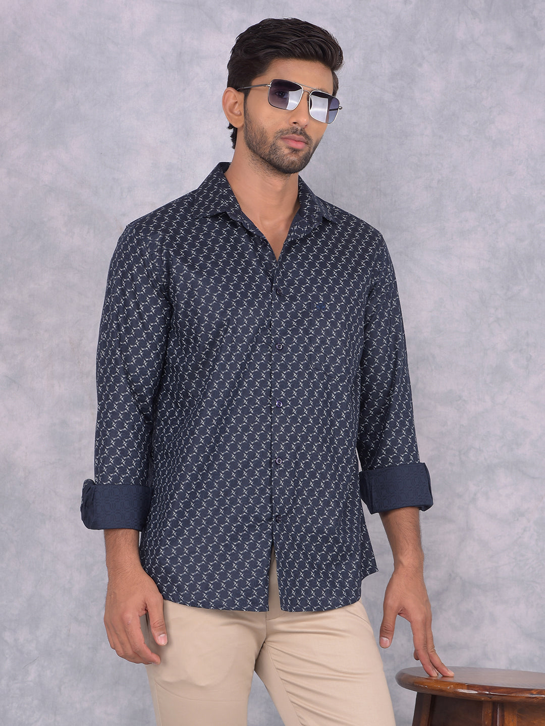 Navy Blue Printed Shirt-Men Shirts-Crimsoune Club