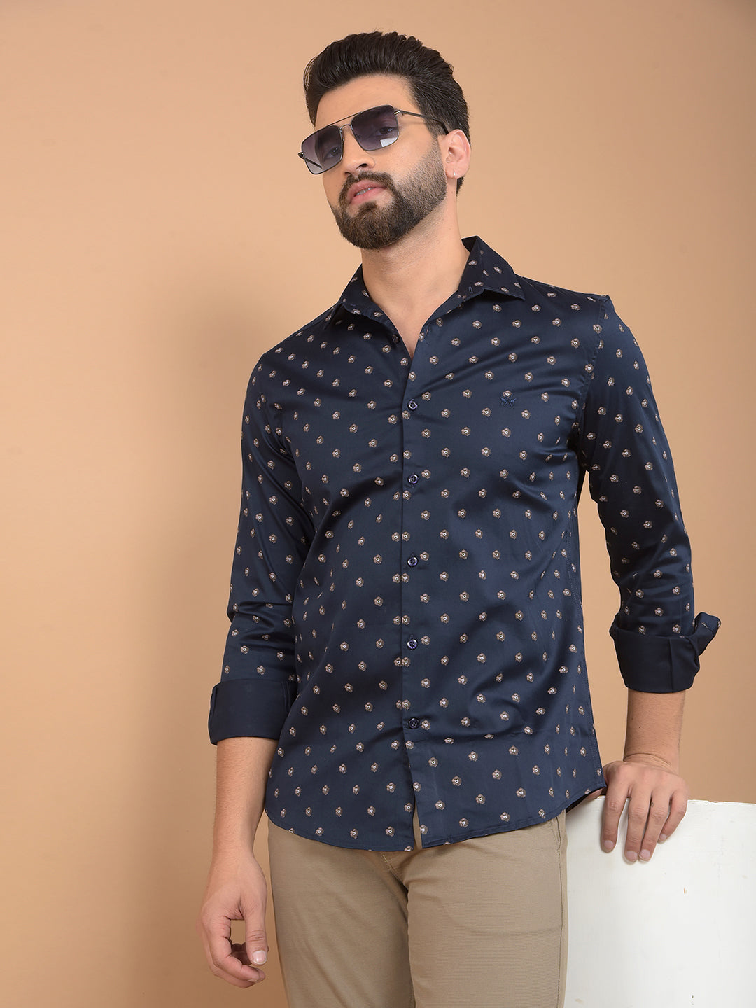 Navy Blue Printed Shirt-Men Shirts-Crimsoune Club