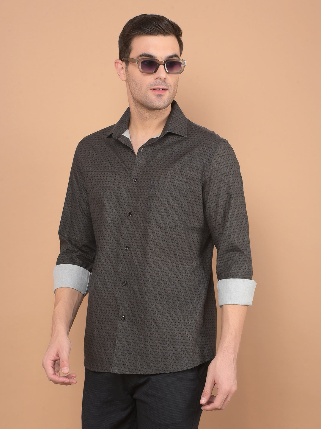 Brown Printed 100% Cotton Shirt-Men Shirts-Crimsoune Club