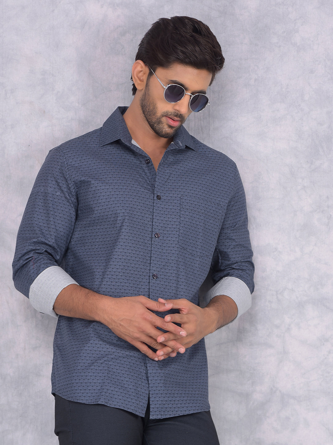 Navy Blue Printed 100% Cotton Shirt-Men Shirts-Crimsoune Club