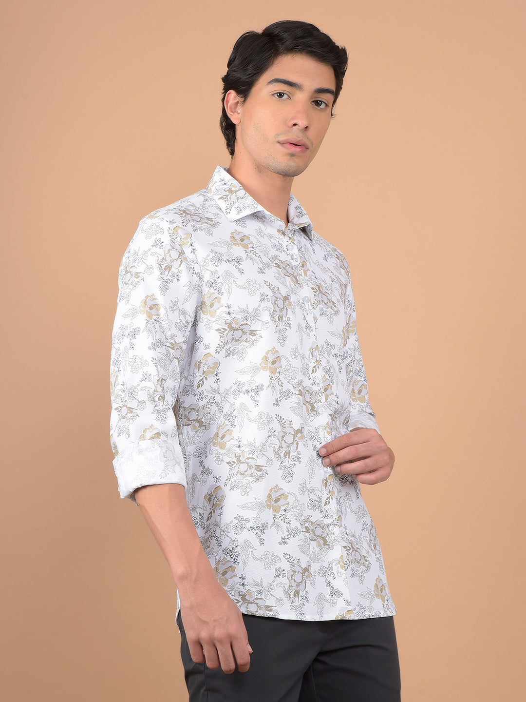 White Floral Print 100% Cotton Shirt-Men Shirts-Crimsoune Club