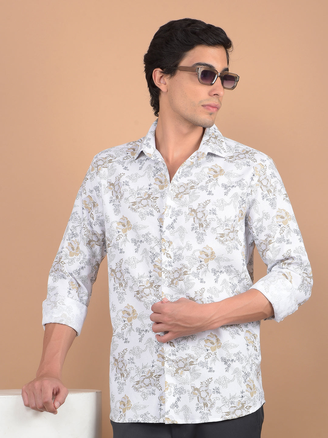 White Floral Print 100% Cotton Shirt-Men Shirts-Crimsoune Club