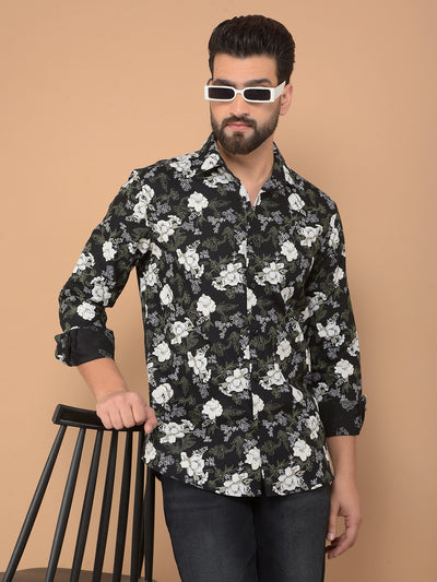 Black Floral Print 100% Cotton Shirt-Men Shirts-Crimsoune Club