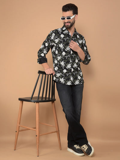 Black Floral Print 100% Cotton Shirt-Men Shirts-Crimsoune Club