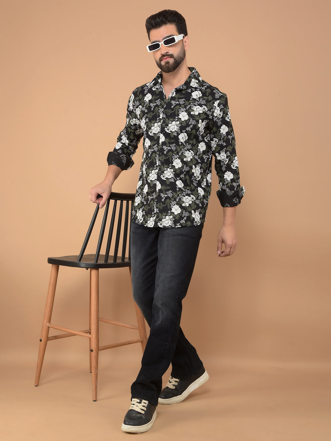 Black Floral Print 100% Cotton Shirt-Men Shirts-Crimsoune Club