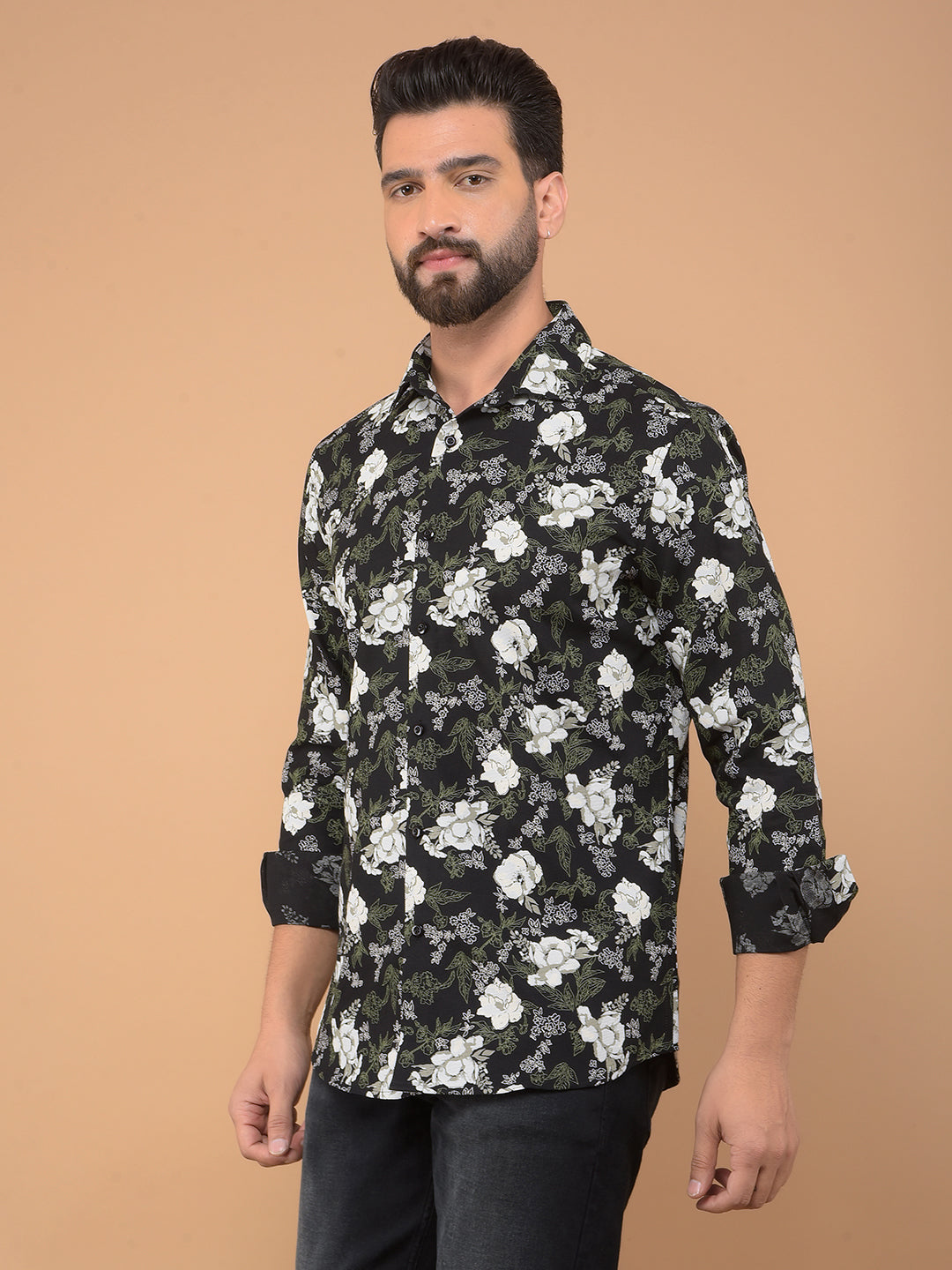 Black Floral Print 100% Cotton Shirt-Men Shirts-Crimsoune Club