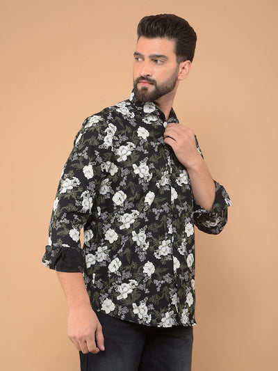 Black Floral Print 100% Cotton Shirt-Men Shirts-Crimsoune Club