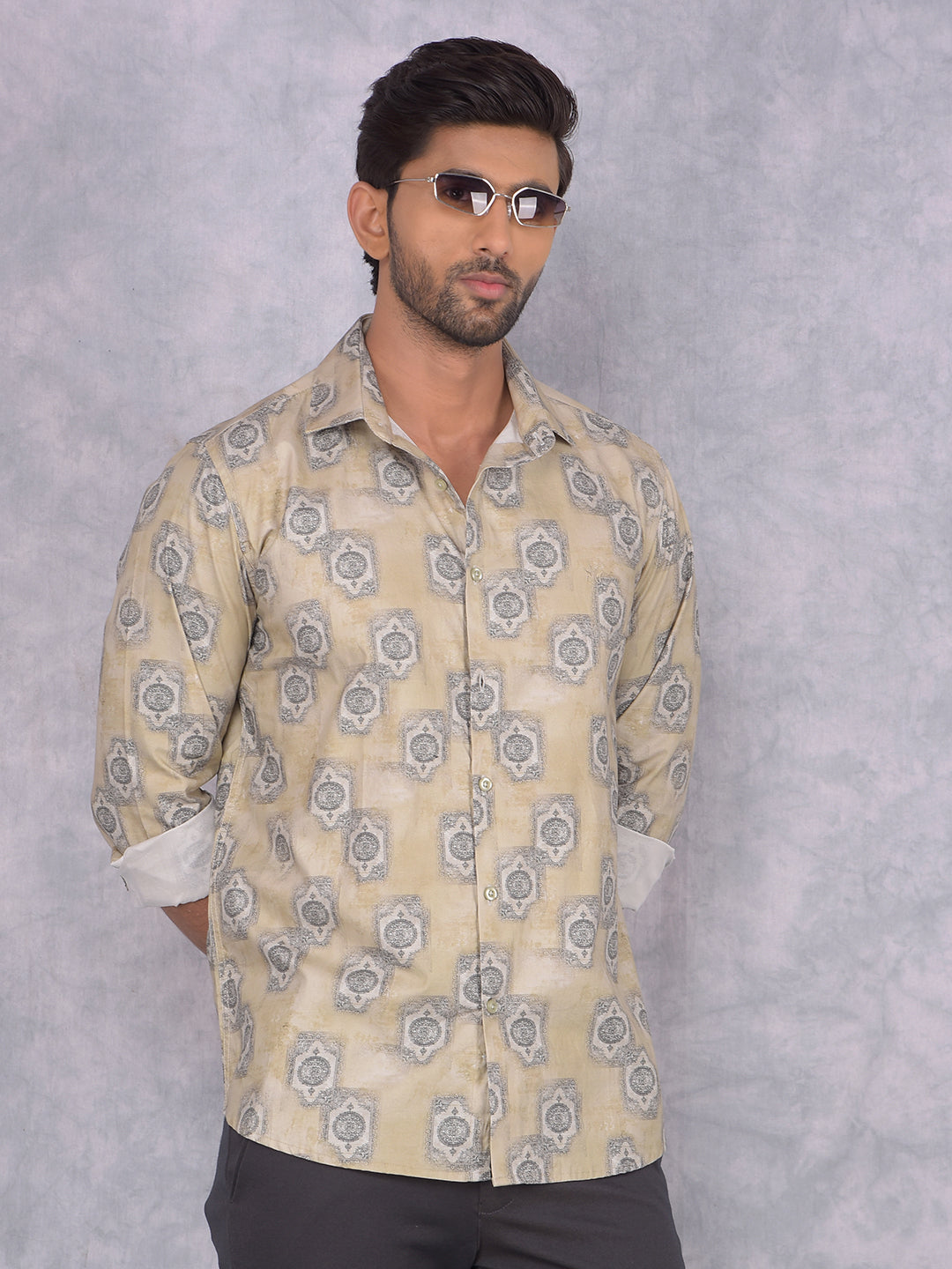 Yellow Printed 100% Cotton Shirt-Men Shirts-Crimsoune Club