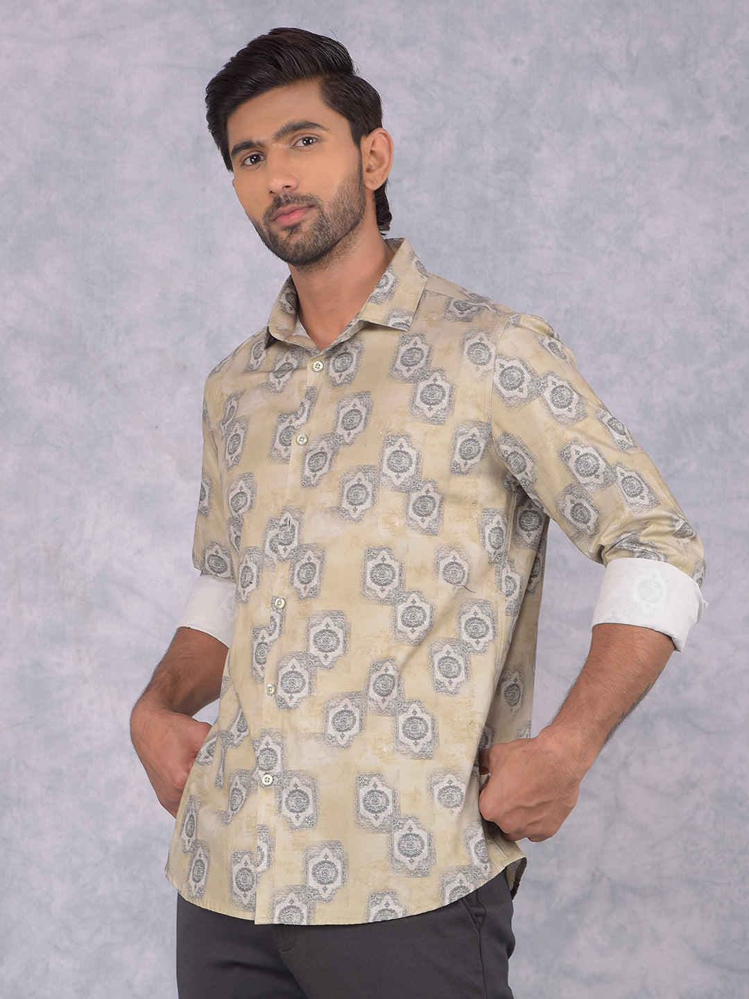 Yellow Printed 100% Cotton Shirt-Men Shirts-Crimsoune Club