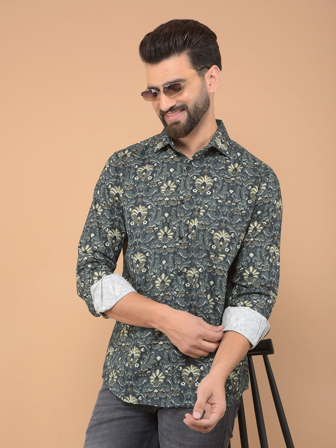 Green Floral Print 100% Cotton Shirt-Men Shirts-Crimsoune Club