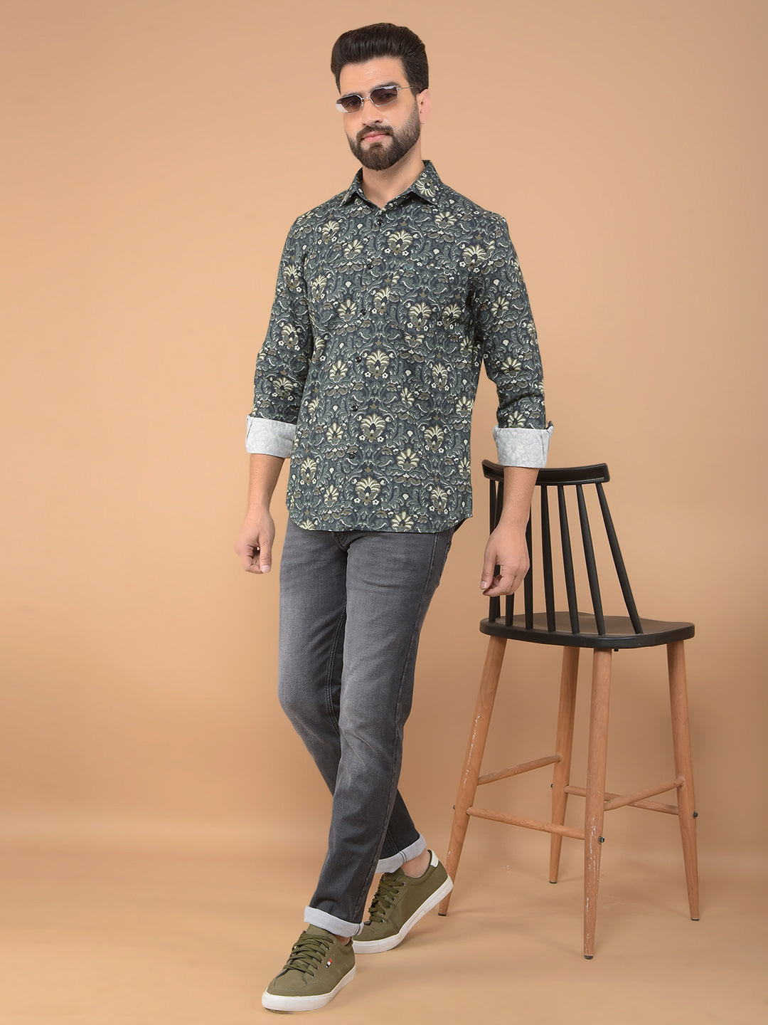 Green Floral Print 100% Cotton Shirt-Men Shirts-Crimsoune Club