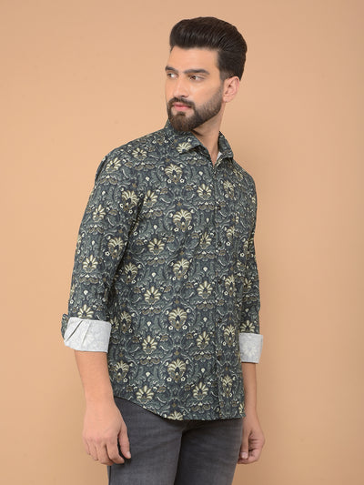 Green Floral Print 100% Cotton Shirt-Men Shirts-Crimsoune Club