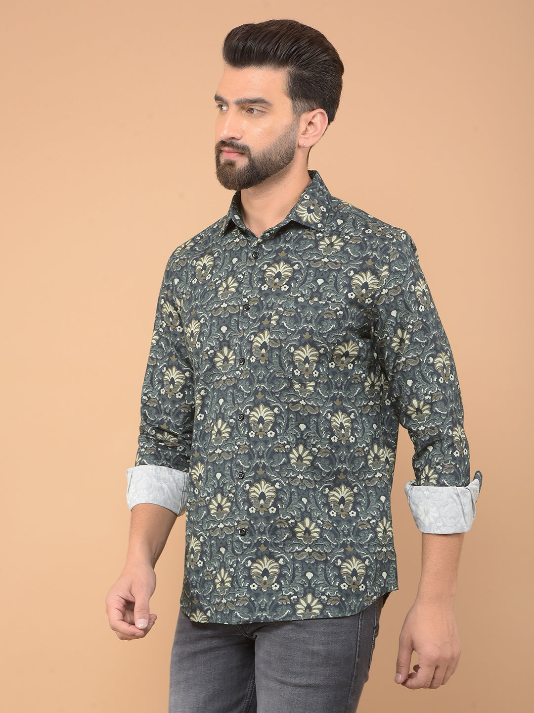 Green Floral Print 100% Cotton Shirt-Men Shirts-Crimsoune Club