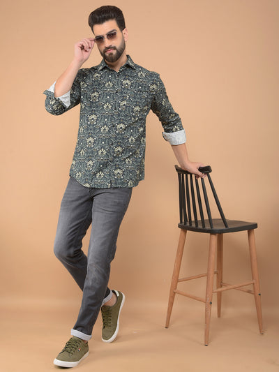 Green Floral Print 100% Cotton Shirt-Men Shirts-Crimsoune Club