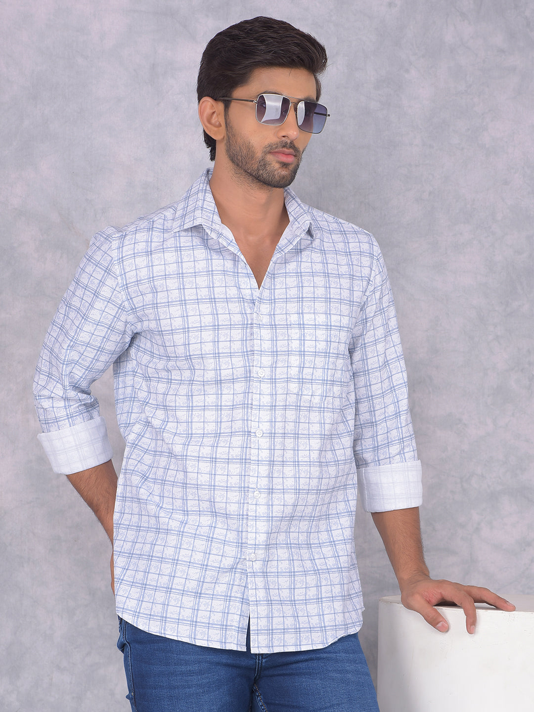 Blue Checked 100% Cotton Shirt-Men Shirts-Crimsoune Club