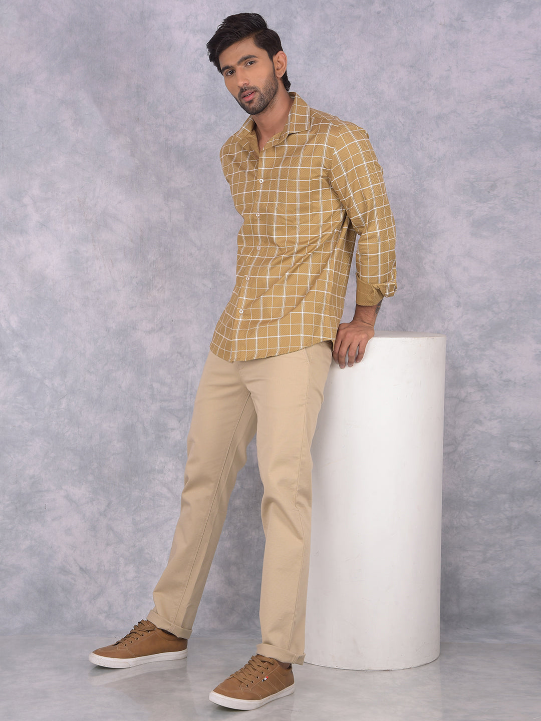 Khaki Checked 100% Cotton Shirt-Men Shirts-Crimsoune Club