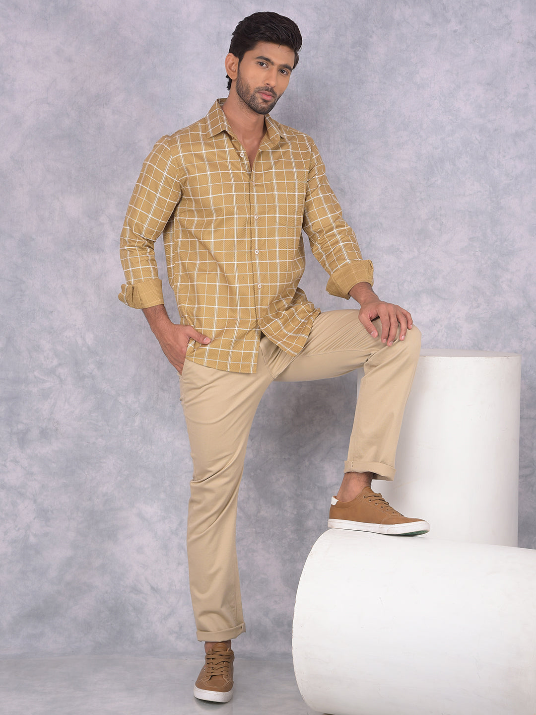 Khaki Checked 100% Cotton Shirt-Men Shirts-Crimsoune Club