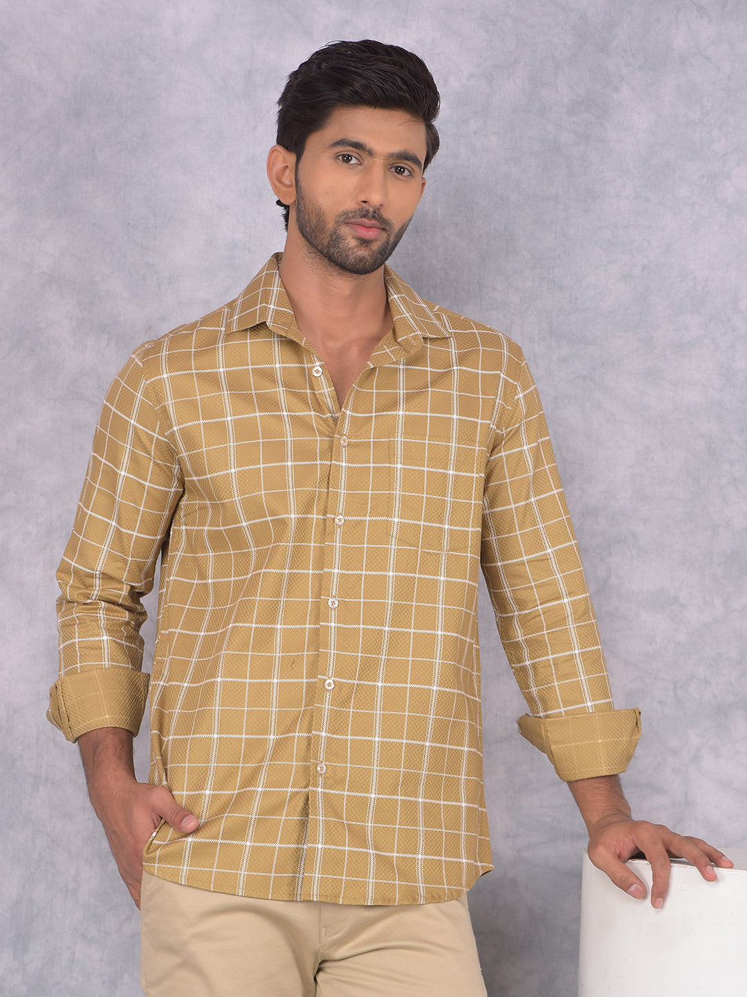 Khaki Checked 100% Cotton Shirt-Men Shirts-Crimsoune Club