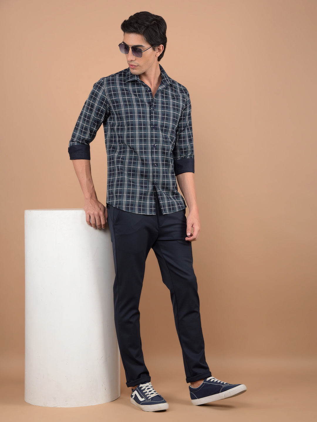 Navy Blue Checked 100% Cotton Shirt-Men Shirts-Crimsoune Club