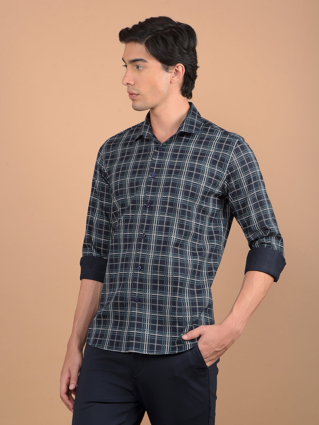 Navy Blue Checked 100% Cotton Shirt-Men Shirts-Crimsoune Club